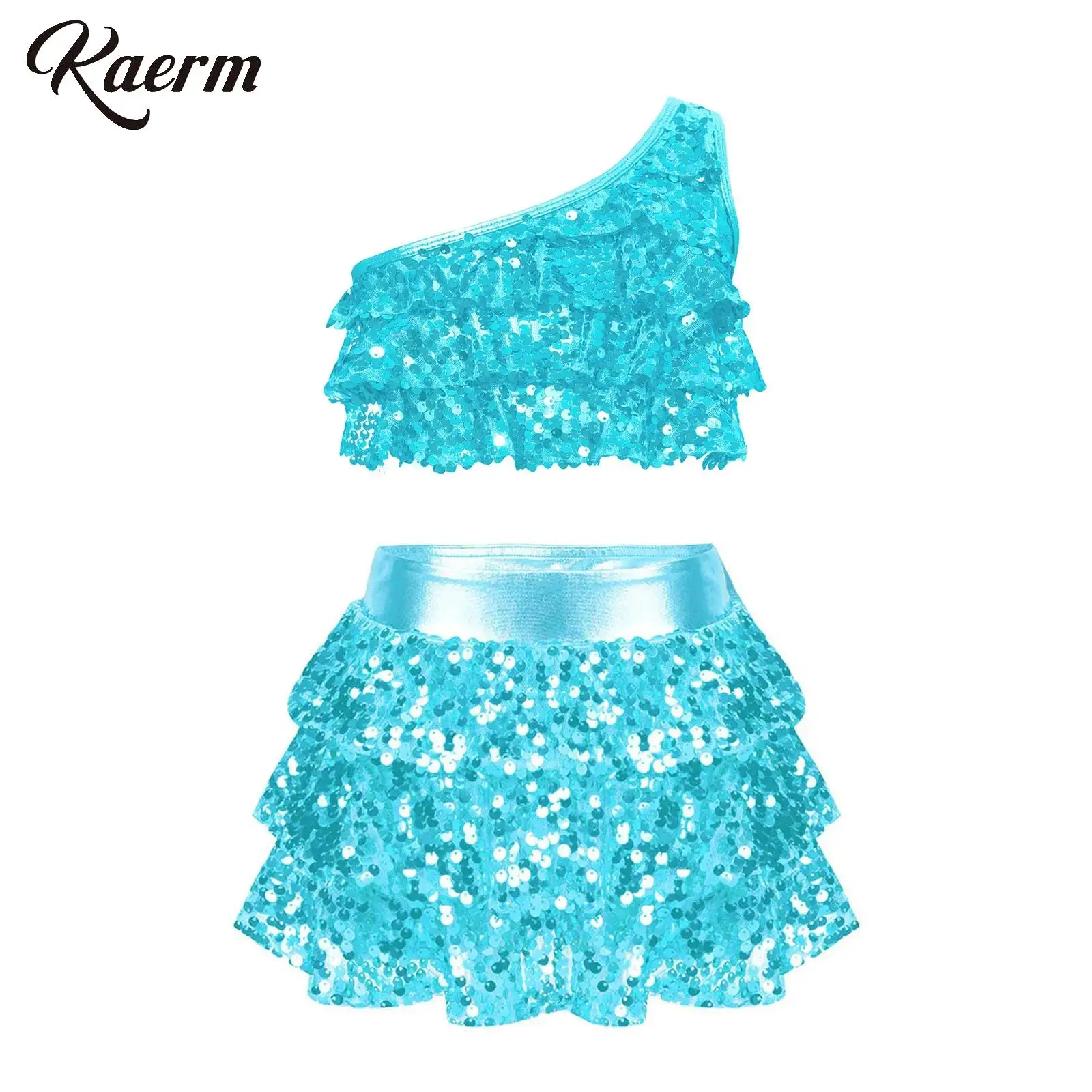 

Kids Girls Latin Dance Performance Outfit Shiny Sequins Tiered Ruffles Crop Top Vest with Metallic Skirted Shorts Culottes