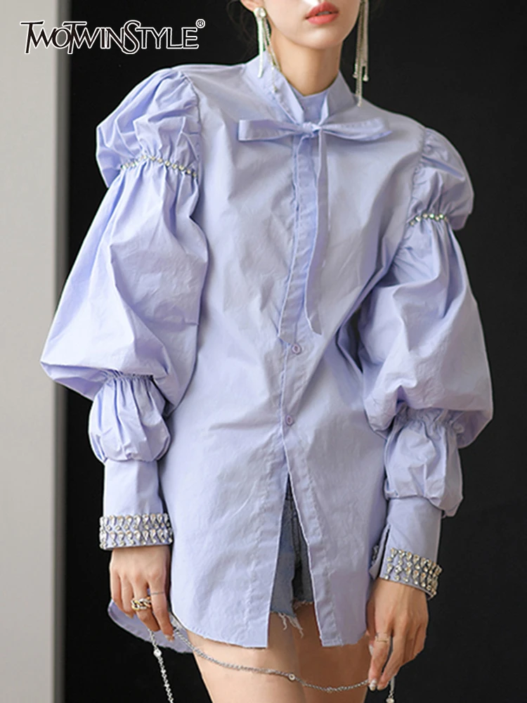 TWOTWINSTYLE Korean Fashion Solid Shirt For Women Stand Collar Long Sleeve Patchwork Diamonds Shirts Female Spring Clothing 2022
TWOTWINSTYLE Korean Fashion Solid Shirt For Women Stand Collar Long Sleeve Patchwork Diamonds Shirts Female Spring Clothing 2022