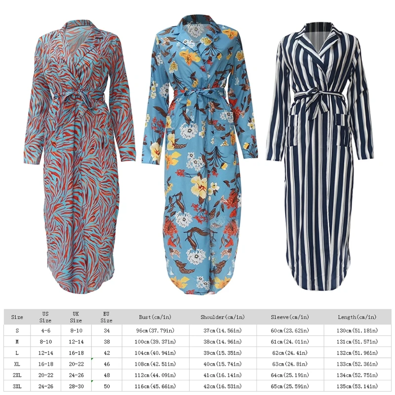 

Womens Long Sleeve Notched Lapel Collar V-Neck Maxi Blouse Dress Belted High Waist Split Vertical Stripes Floral Pockets Front