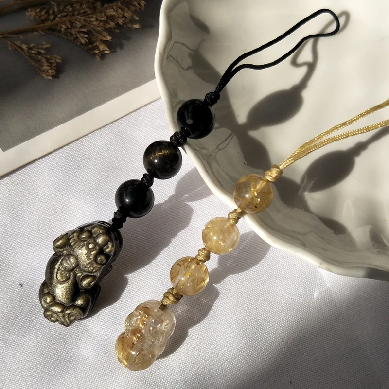 

Natural Gold Rutilated Quartz/Black Obsidian pixiu Lanyard Keychain Handmade Woven Rope Car Hangings Jewelry Fashion Keyrings