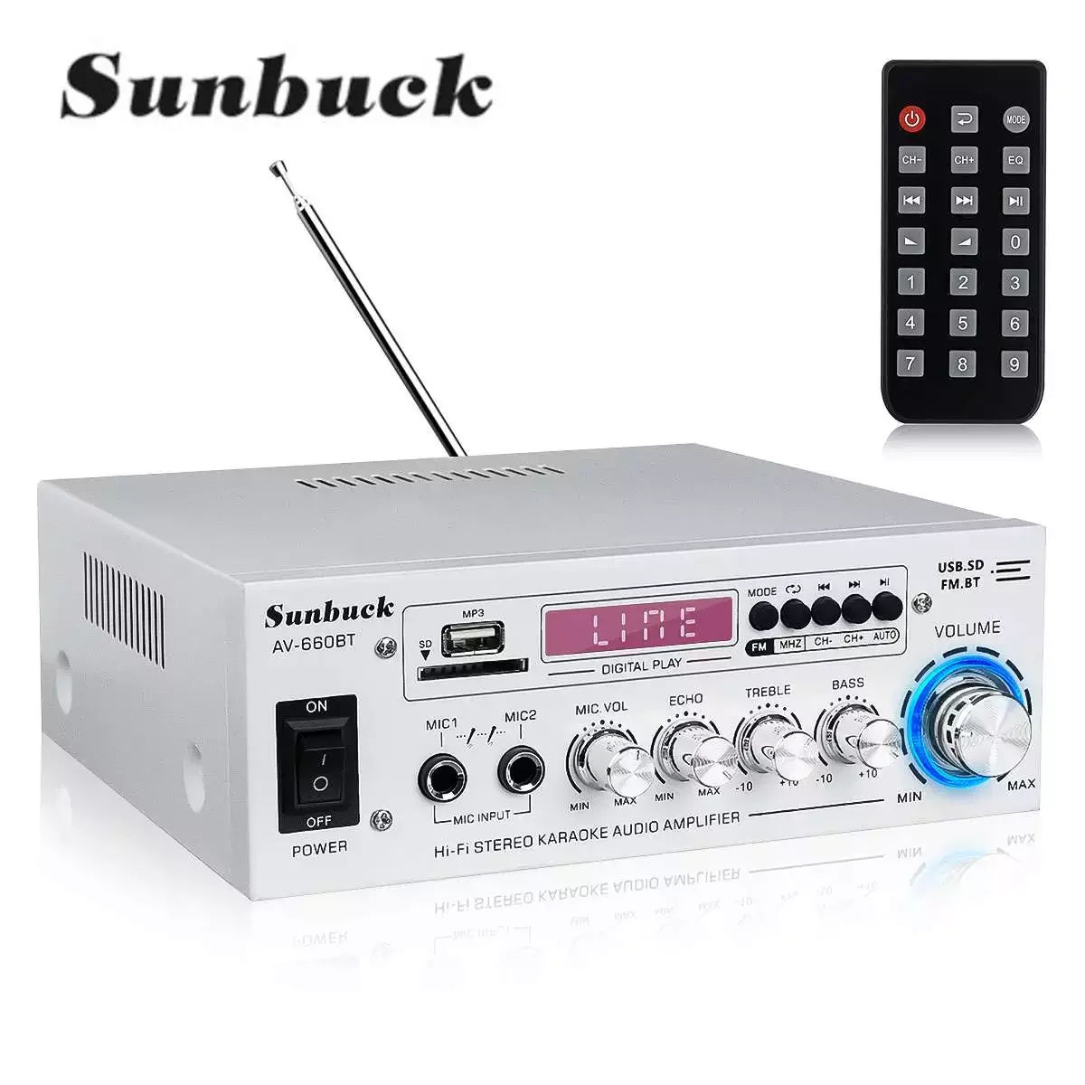 SUNBUCK AV power amplifier 2.0 Channel Audio Home Theater Amplifiers DC 12V 110V/220V Support EQ FM SD USB 2 Mic 5.0 bluetooth
SUNBUCK AV power amplifier 2.0 Channel Audio Home Theater Amplifiers DC 12V 110V/220V Support EQ FM SD USB 2 Mic 5.0 bluetooth