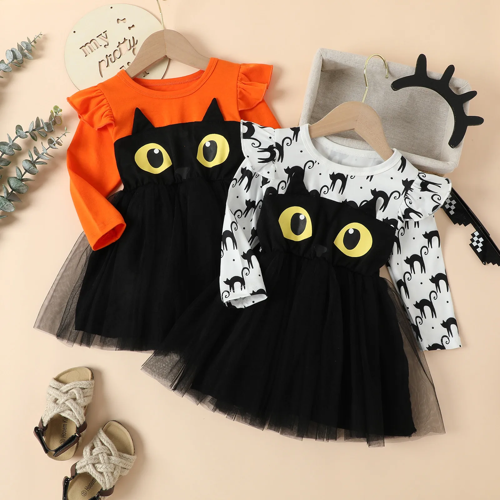 

1-6Y Girl Halloween Dress Black Cat Print Cartoon Mesh Tulle Princess Dresses For Girls 2022 Festival Halloween Costume For Kids