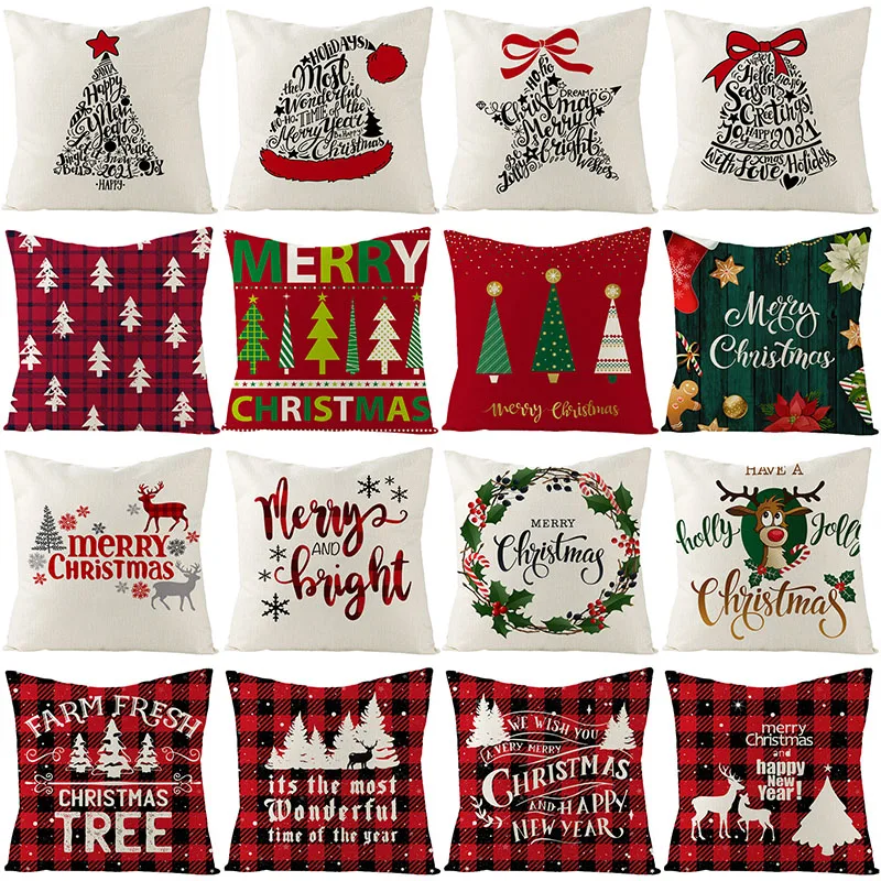 

Christmas Tree Deer Decorative Pillowcase Red Plaid Cushion Cover 45X45 Letter Linen Pillowcover Sofa Cushions New Year Pillows