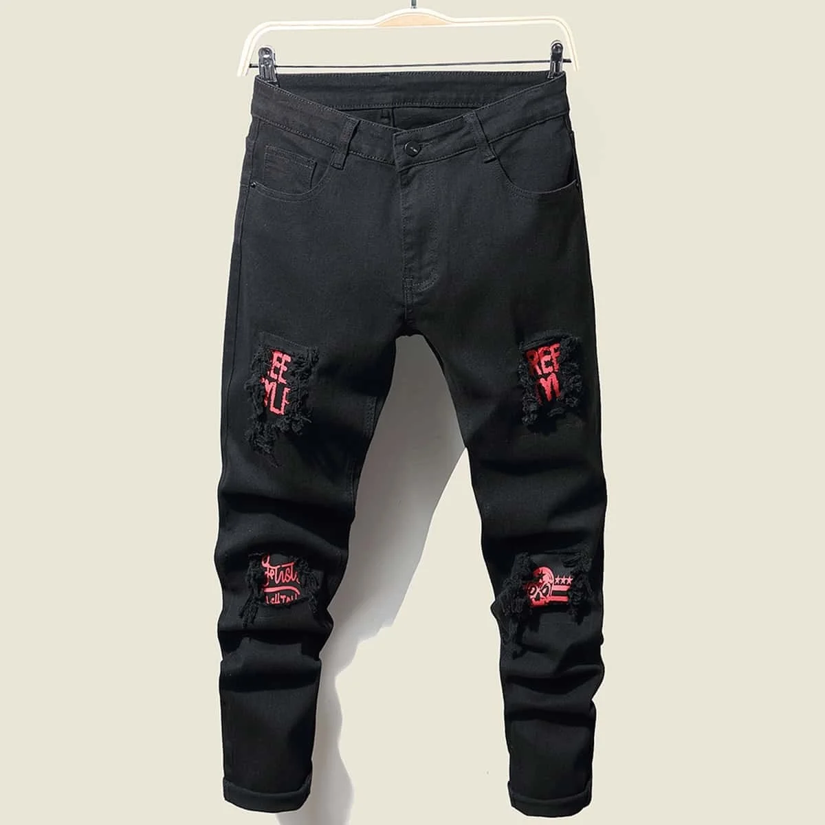 Men Stretcy Ripped Skinny Biker letter Cartoon Print Jeans Destroyed ole Slim Fit Denim i Quality ip op Black Jeans
Men Stretcy Ripped Skinny Biker letter Cartoon Print Jeans Destroyed ole Slim Fit Denim i Quality ip op Black Jeans