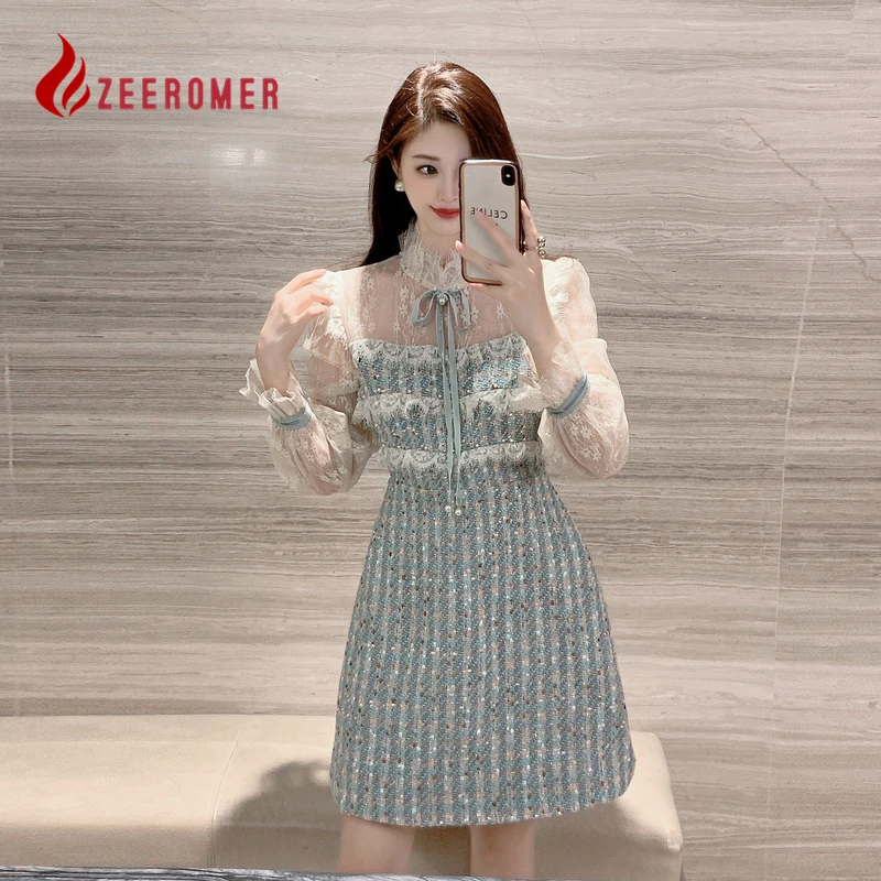 

2023 New French Fashion Sweet Pearls Lace Patchwork Tweed Dress Women Hollow Out Flare Sleeve Bow O Neck Elegant Party Dress