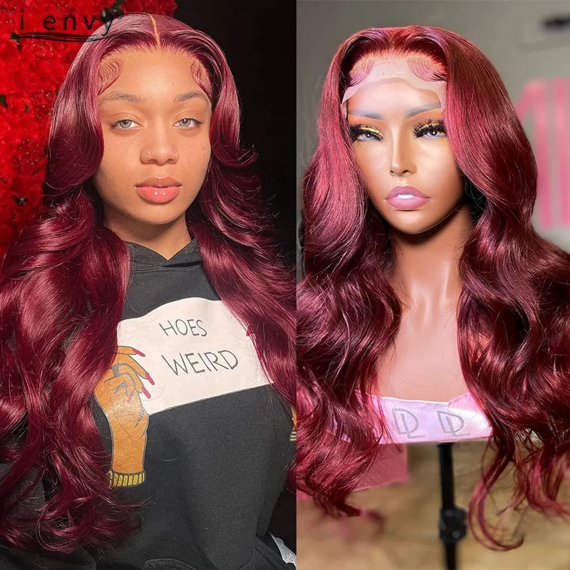 

Colored Red Lace Front Wig Human Hair Transparent Hd Lace Frontal Wigs Peruvian Body Wave 13X4 99J Burgundy Lace Front Wigs Remy