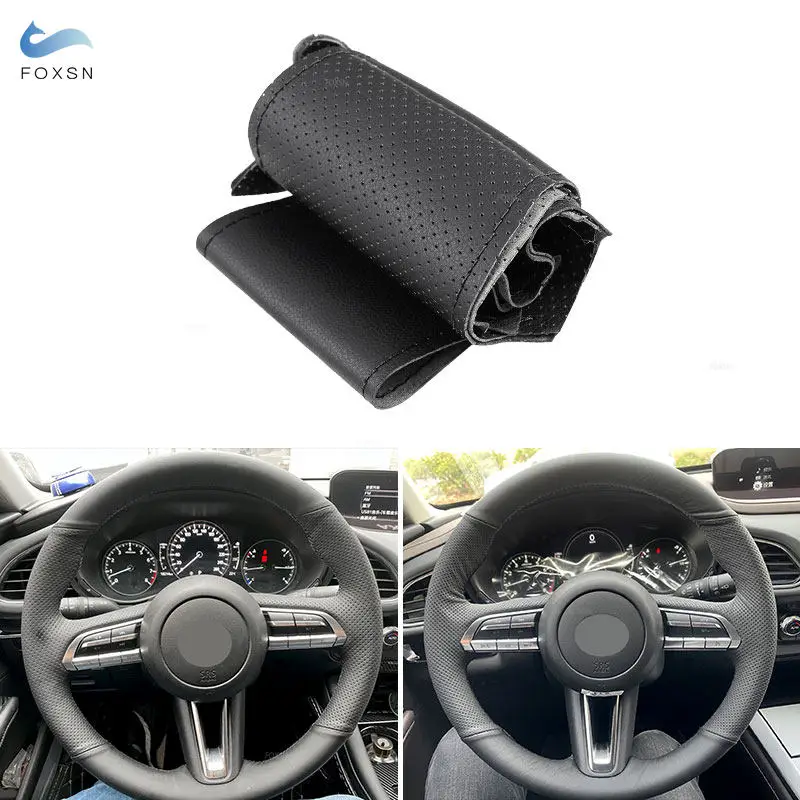 

Hand Braid Perforated Leather Car-styling Interior Steering Wheel Cover Trim Black For Mazda 3 Axela CX-30 CX30 2019 2020