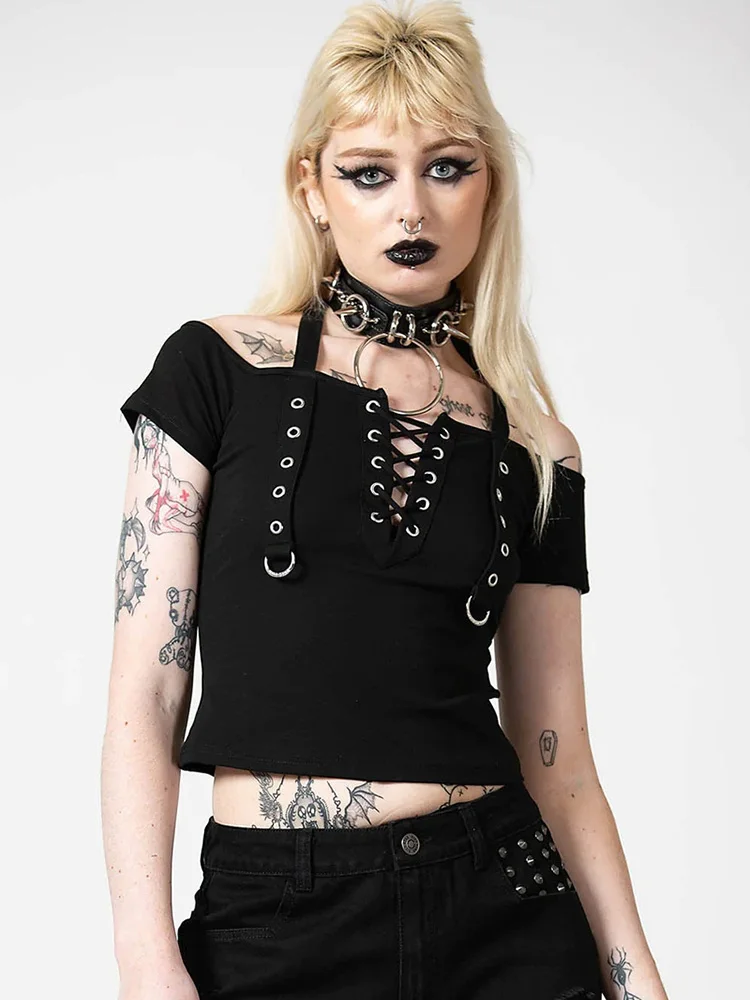 Off-Shoulder Eyelet Crop Top Gothic Backless Lace Up Party Corset T-shirt Mall Soild Black Harajuku Halter Cotton Tee 
Off-Shoulder Eyelet Crop Top Gothic Backless Lace Up Party Corset T-shirt Mall Soild Black Harajuku Halter Cotton Tee
