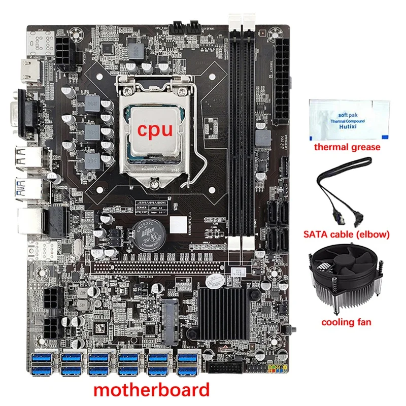 12 GPU B75 BTC/ETH Mining Motherboard+CPU+Fan+Thermal Grease+SATA Cable 12 USB3.0 To PCIE1X Slot LGA1155 DDR3 SATA3.0
12 GPU B75 BTC/ETH Mining Motherboard+CPU+Fan+Thermal Grease+SATA Cable 12 USB3.0 To PCIE1X Slot LGA1155 DDR3 SATA3.0