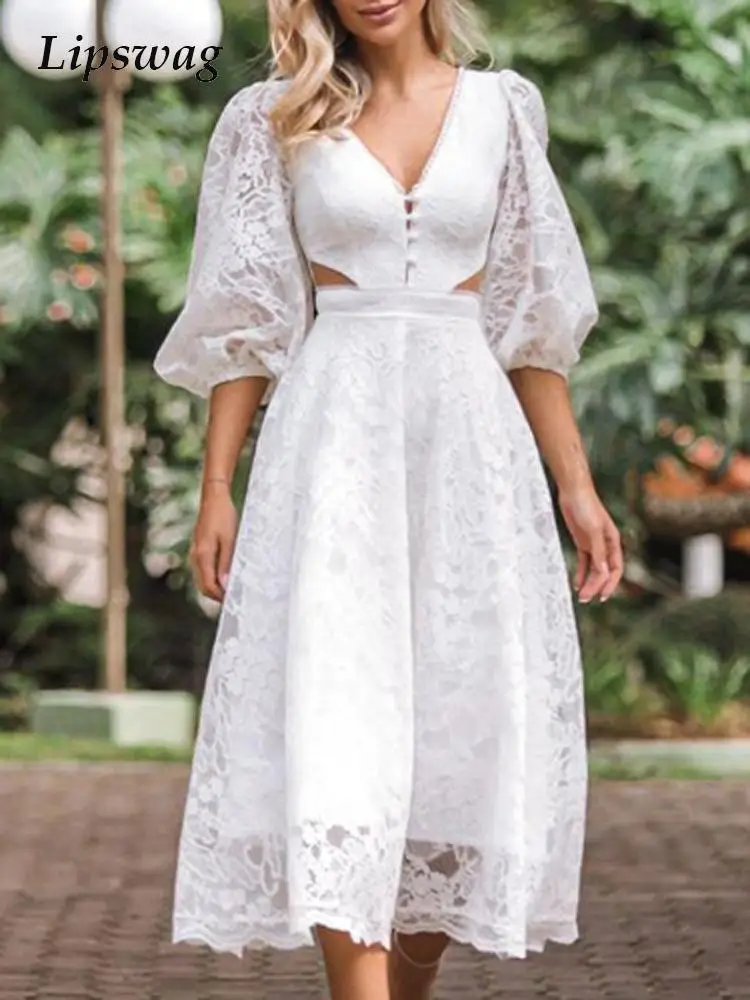 Sexy See-Through Lace Party Dress Elegant V Neck Breasted Hollow Out Long Dress Women Crochet Embroidery Lantern Sleeve Dresses
Sexy See-Through Lace Party Dress Elegant V Neck Breasted Hollow Out Long Dress Women Crochet Embroidery Lantern Sleeve Dresses
