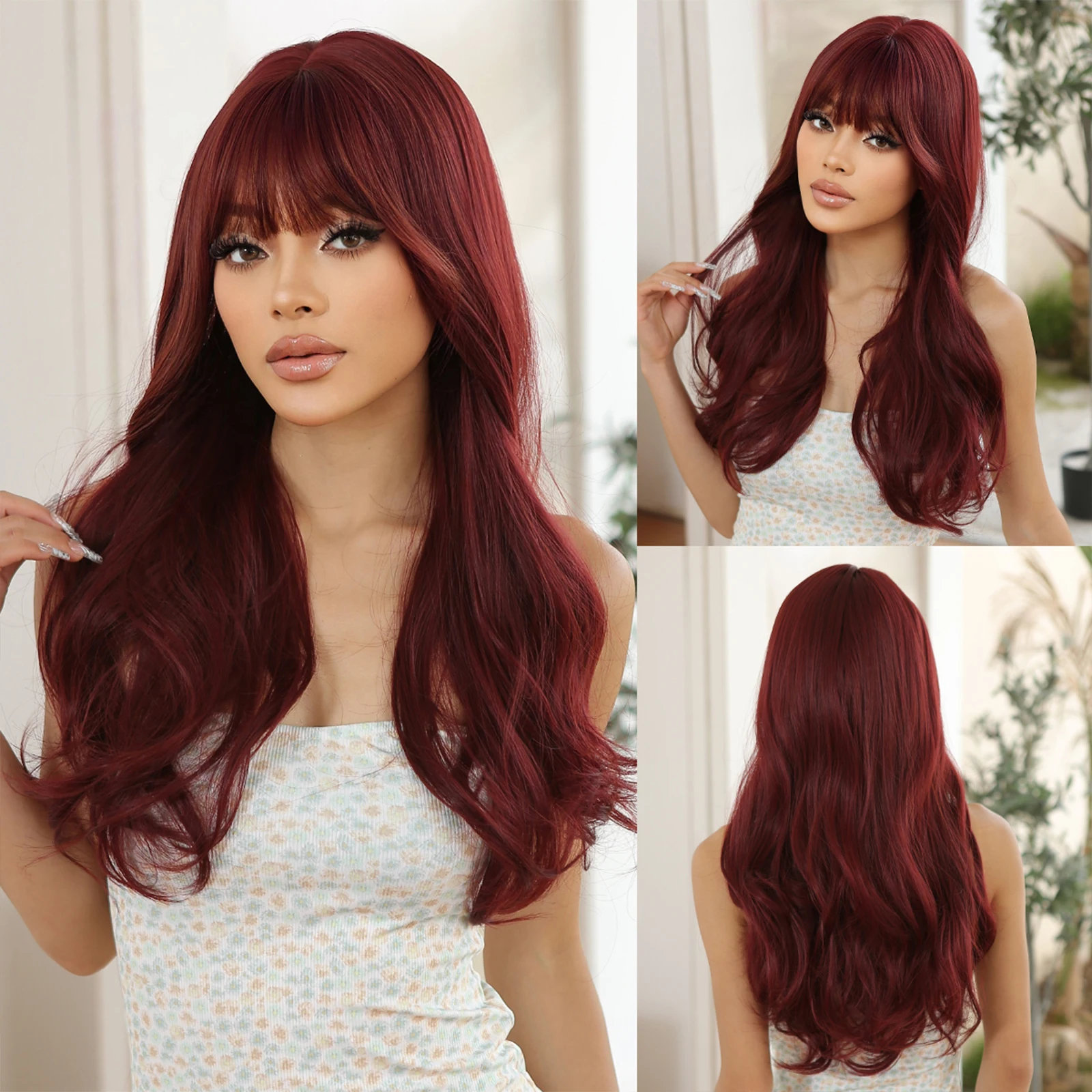 

Long Burgundy Wavy Synthetic Wigs with Bangs Cosplay Wine Red Natural Wave Hair Wig for Women Afro Daily Party Heat Resistant