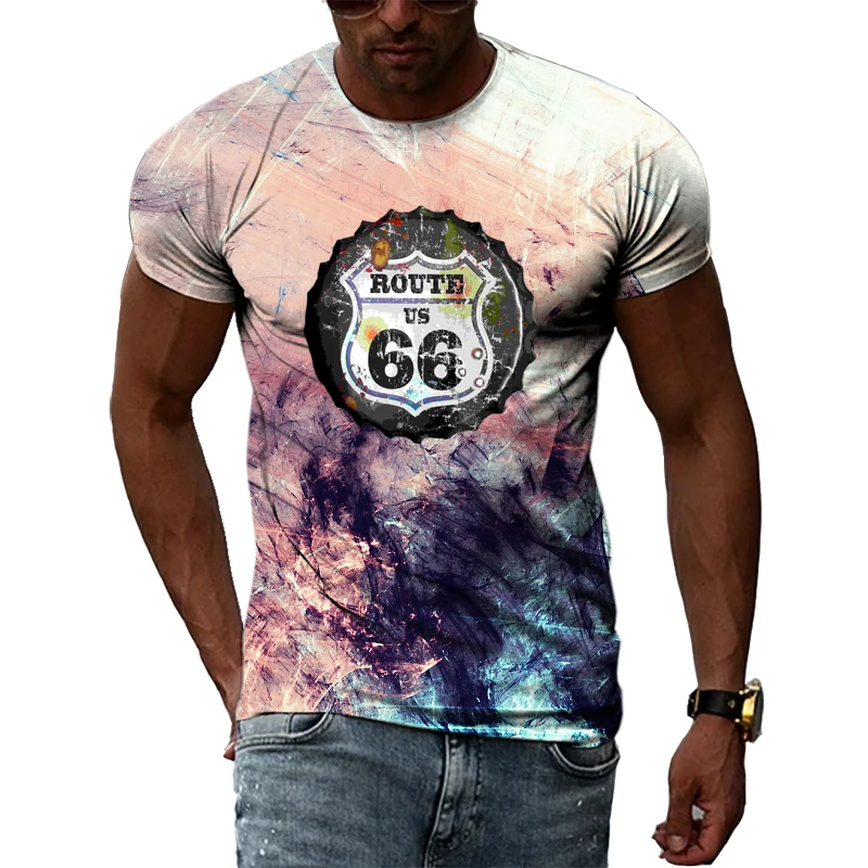 

Route 66 Summer T-shirts For Man 3D Print Hip Hop Harajuku Personality Round Neck Short Sleeve Fashion Leisure Natural Scenery