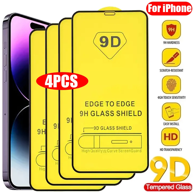 

4PCS 9D Screen Protector Tempered Glass for iPhone 11 12 13 14 Pro Max X XR XSmax 7 8 6S Plus SE 2020 2022 Protective Glass Film