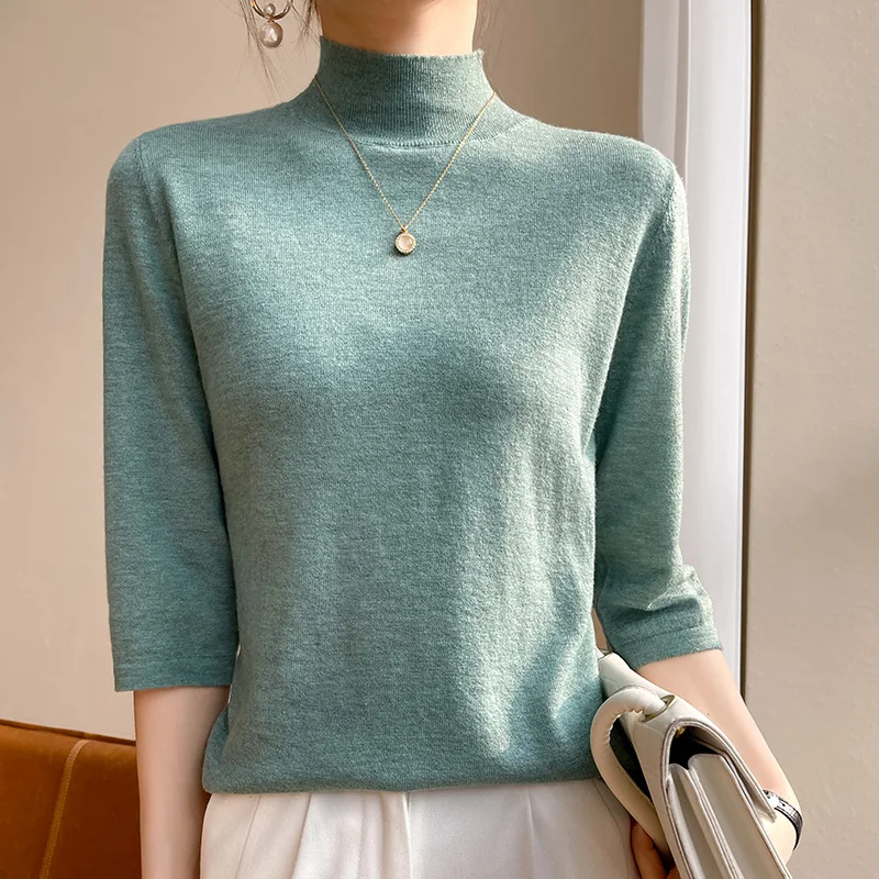 

Hot Sale 100% Wool Cashmere Women's Sweaters And Pullovers Autumn Female Turtleneck Thin Short SLeeve Soft Jumper Tops Sprin