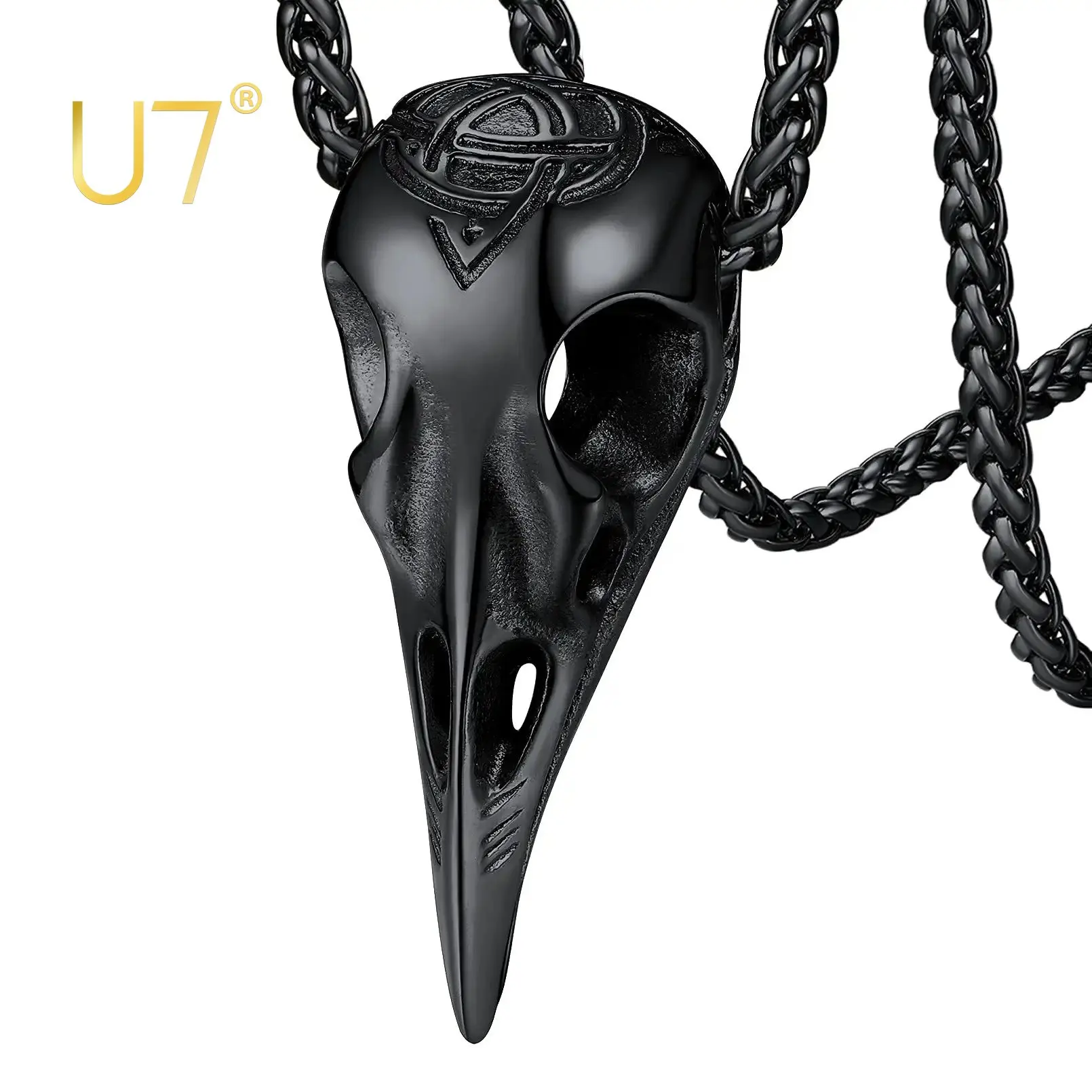 U7 Raven Skull Necklace Custom Solid Stainless Steel Crow Bird Head with Viking Celtic Knot Pagan Gothic Alchemy Jewelry for Men
U7 Raven Skull Necklace Custom Solid Stainless Steel Crow Bird Head with Viking Celtic Knot Pagan Gothic Alchemy Jewelry for Men