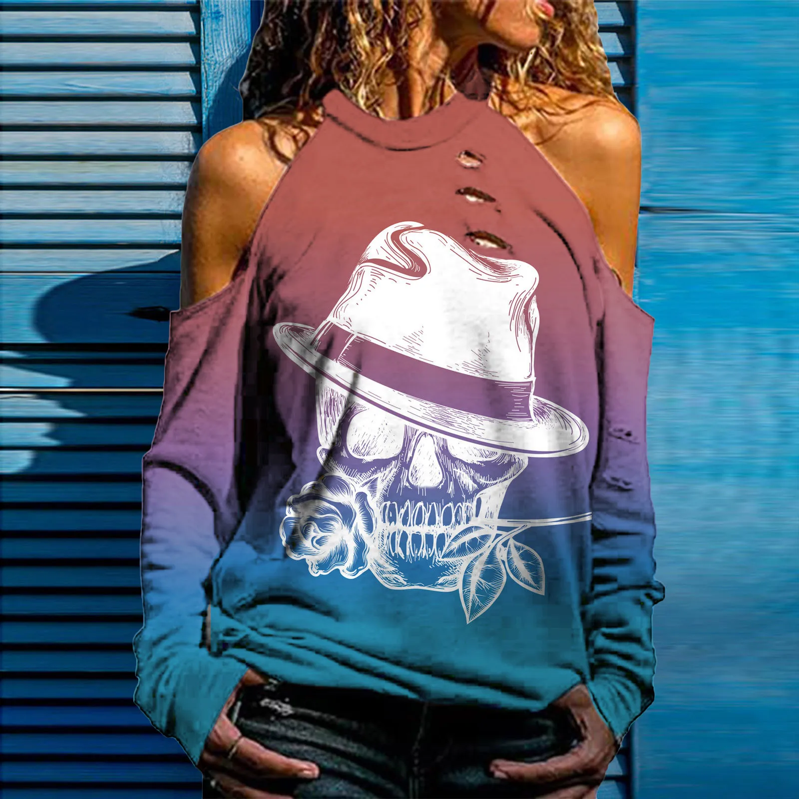 2022 Women Sexy Gothic Y2k Top Blouse Cold Shoulder Long Sleeve Skull Flower Gradient Printed Pullover Tops Shirts Tunics
2022 Women Sexy Gothic Y2k Top Blouse Cold Shoulder Long Sleeve Skull Flower Gradient Printed Pullover Tops Shirts Tunics
