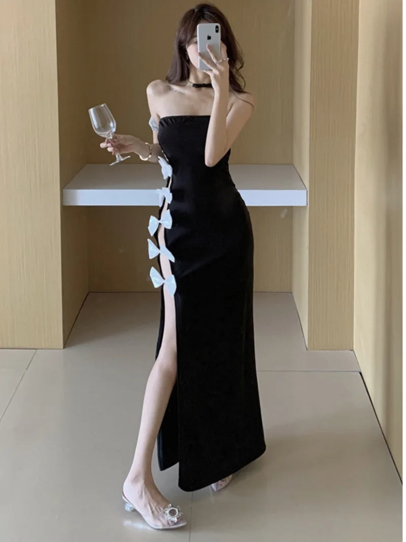 

WOMENGAGA Black Sweet Long Dress Hot Sexy Chest Wrapping Long Bow Knot Split Dress Elegant Fashion Sweet 2023 New Robe 1LLN