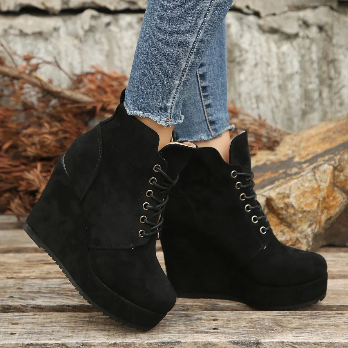 

NEW Platform Women's Ankle Boots Autumn Winter Shoes Wedge High Heels Lace Up Short Boot Nude Suede Wedges Dance Party Shoes
