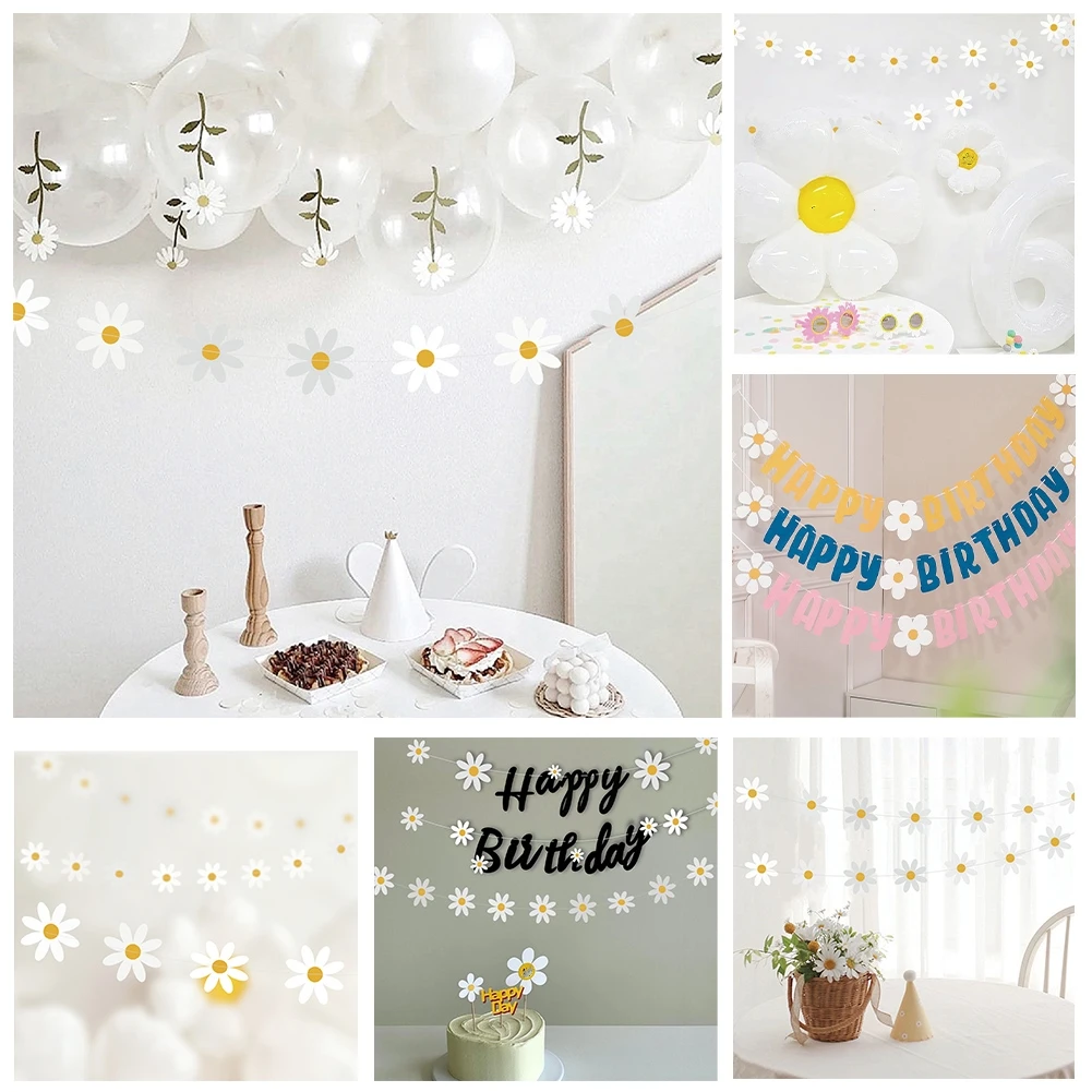 

1PC INS Kids Birthday Flag Party Non Woven Sunflower Garland White Small Daisy Banner Decorated Scene Bunting Supplies
