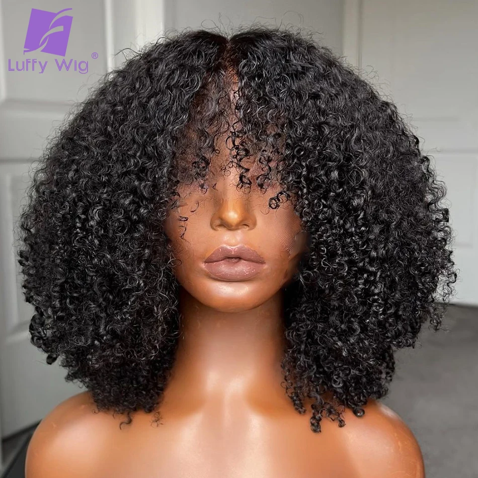 

200 Density Wig With Bangs Afro Kinky Curly Wigs Brazilian Remy Human Hair Scalp Top Bang Wig Glueless For Black Women Luffywig