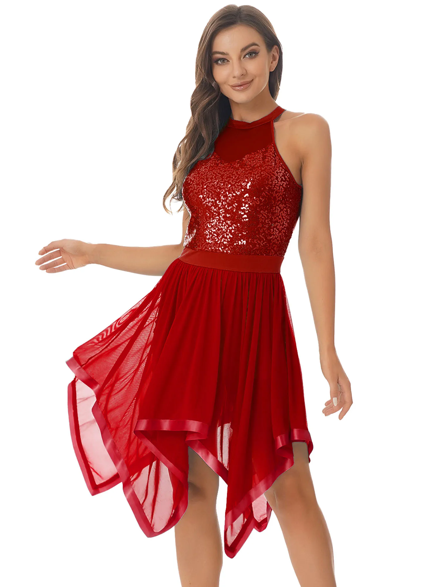Womens Shiny Sequins Lyrical Ballet Prom Dress Halter Backless Asymmetrical Hem Mesh Dresses Modern Dance Performance Costume
Womens Shiny Sequins Lyrical Ballet Prom Dress Halter Backless Asymmetrical Hem Mesh Dresses Modern Dance Performance Costume