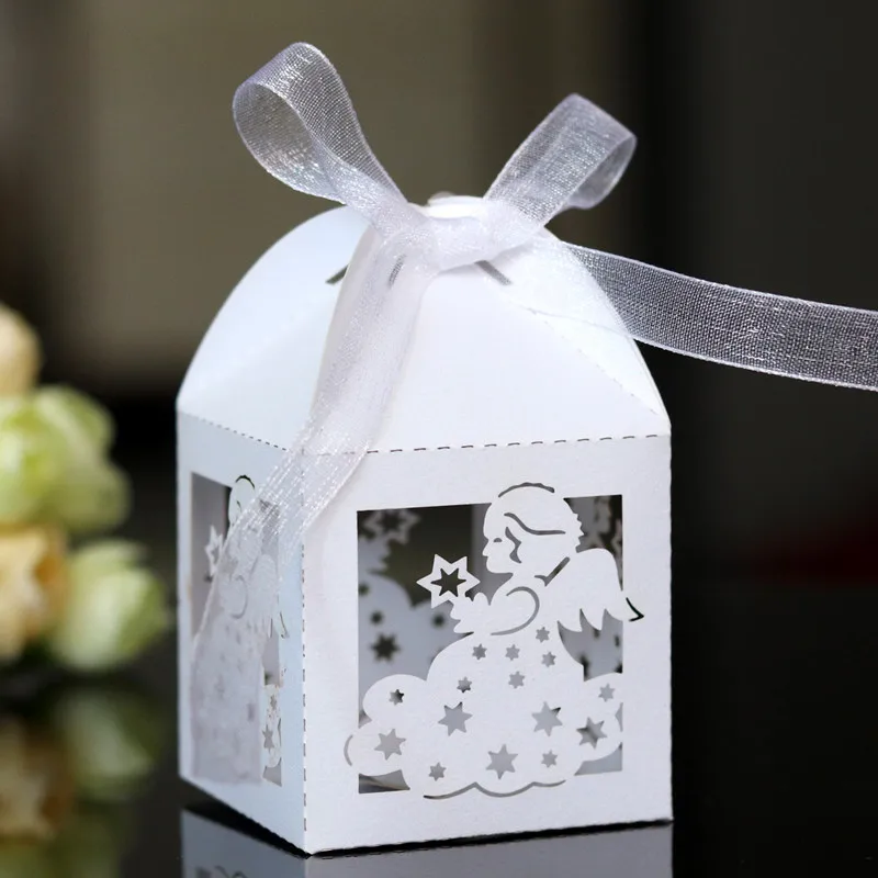 

10pcs Angel Girl Laser Cut Hollow Carriage Favor Gifts Candy Dragee Boxes with Ribbon Baby Shower Wedding Chocolate Wrapping