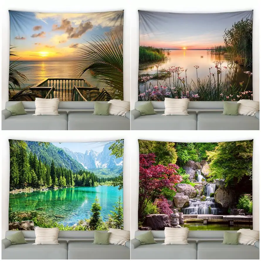 

Rural Landscape Tapestry Dusk Ocean Palm Leaves Forest Waterfall Flowers Plant Scenery Garden Wall Hanging Home Decor Beach Mat