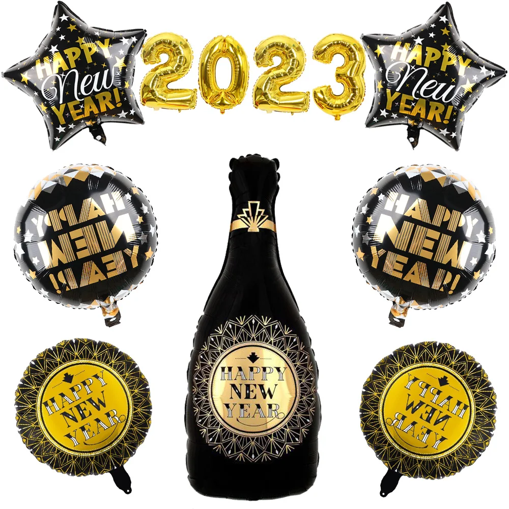 

Happy New Year Champagne Bottle Foil Balloons Round Balloon Star Gold 32inch 2023 Helium Balloons New Years Eve Party Supplies