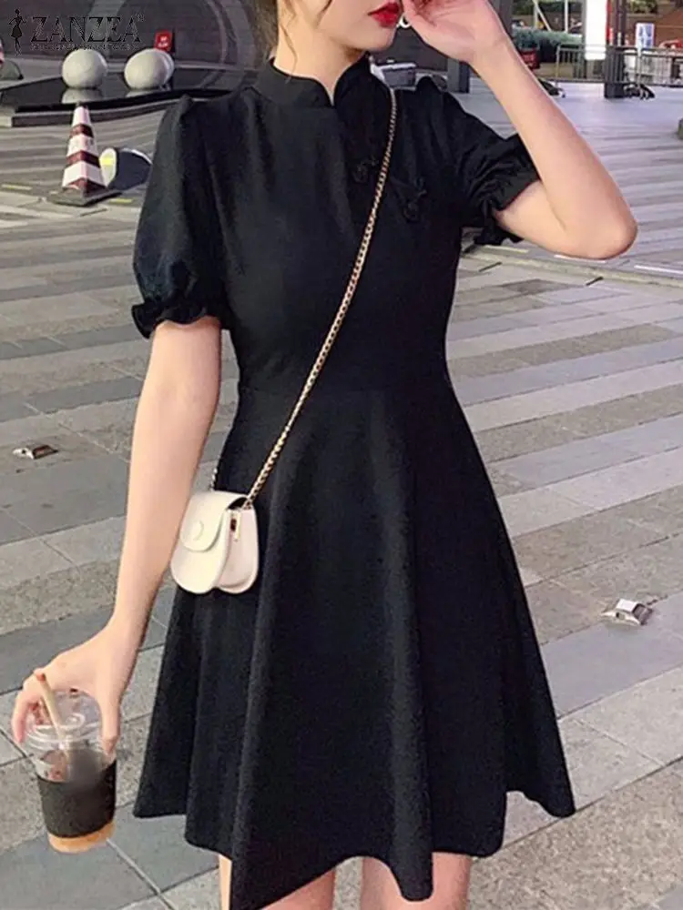 

Платье ZANZEA женское короткое в Корейском стиле, винтажное мини-платье с буффами, коротким рукавом, на пуговицах, с узлом, повседневная Милая ретро одежда, лето 2023