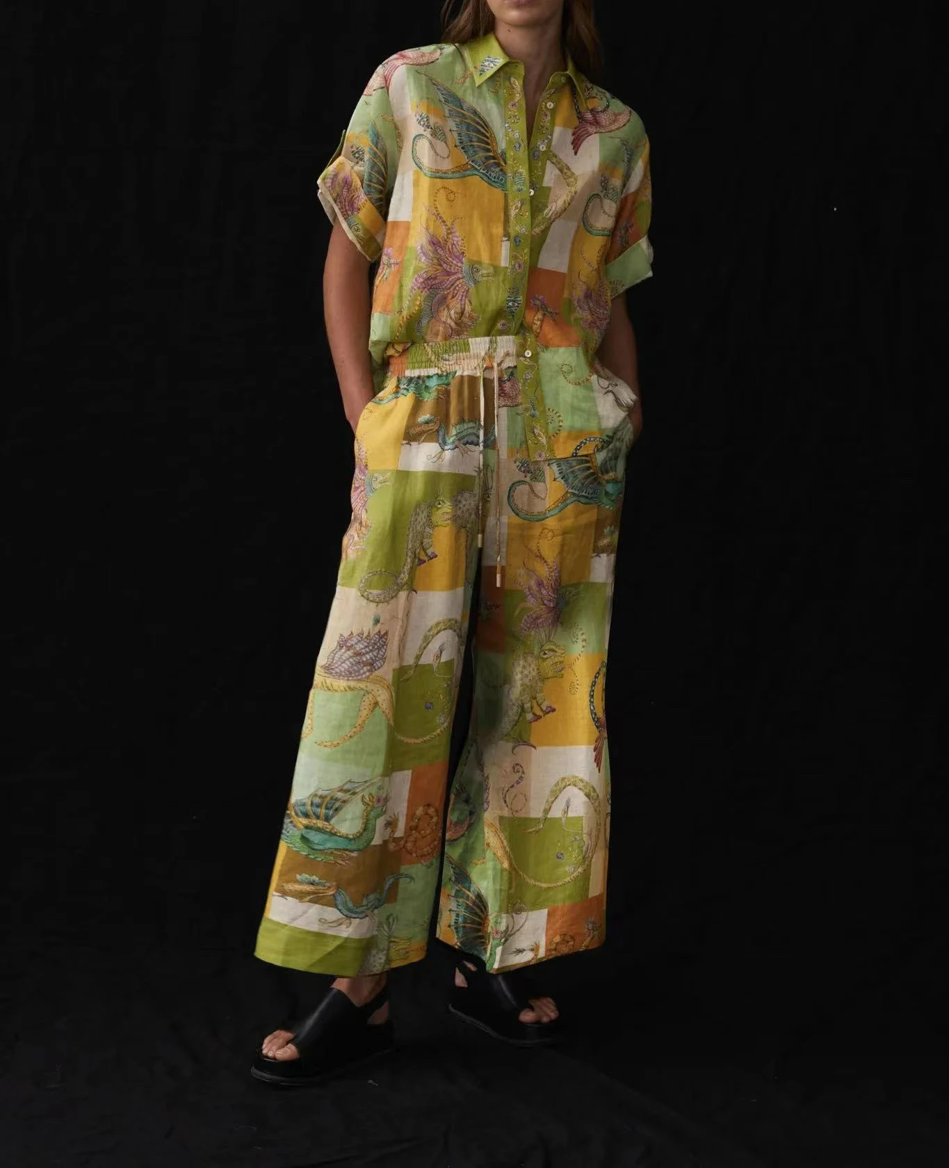 2023 New Summer High Quality Turn-down Collar Short Sleeve Loose Blouse and Elastic Waist Pants Set for Women
2023 New Summer High Quality Turn-down Collar Short Sleeve Loose Blouse and Elastic Waist Pants Set for Women