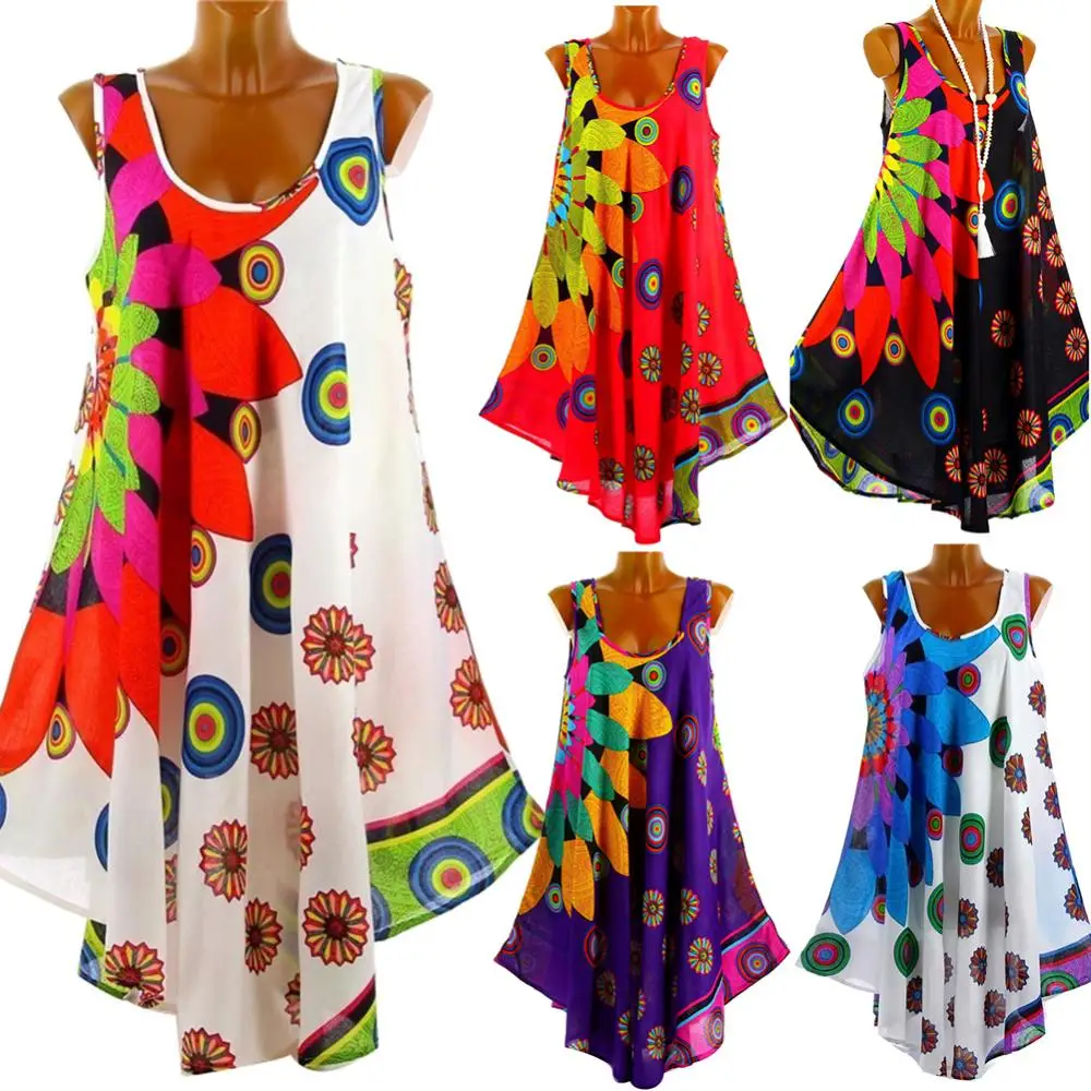 New Casual Summer Women Round Neck Sleeveless Sunflower Print Loose Irregular Dress
New Casual Summer Women Round Neck Sleeveless Sunflower Print Loose Irregular Dress