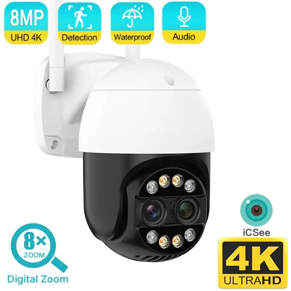 

IP-камера, 4K, 8 МП PTZ IP-камера Wi-Fi камера видеонаблюдения с двумя объективами, цветное ночное видение, 5-кратный оптический зум с отслеживанием Автоматическое отслеживание, уличная камера видеонаблюдения