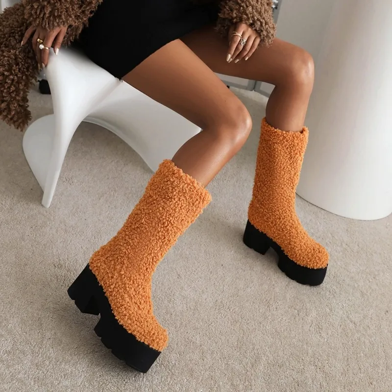 2022 Winter Punk Platform Faux Lambhair Wool Mid Calf Boots Ladies Fashion Block High Heels Camel Black Party Shoes Women 41 42 
2022 Winter Punk Platform Faux Lambhair Wool Mid Calf Boots Ladies Fashion Block High Heels Camel Black Party Shoes Women 41 42