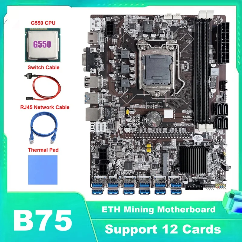 Материнская плата B75 ETH для майнинга, материнская плата 12 PCIE на USB LGA1155 с процессором G550 + кабель переключателя + сетевой кабель RJ45 + термоподушка
Материнская плата B75 ETH для майнинга, материнская плата 12 PCIE на USB LGA1155 с процессором G550 + кабель переключателя + сетевой кабель RJ45 + термоподушка