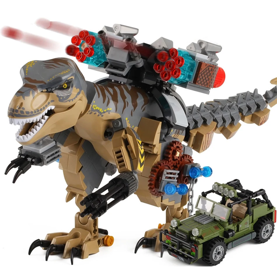 

645pcs Jurassic Dinosaur Truck Chase Tyrannosaurus Rex T-rex Building Blocks Dino Model Figures Bricks Kids Toys