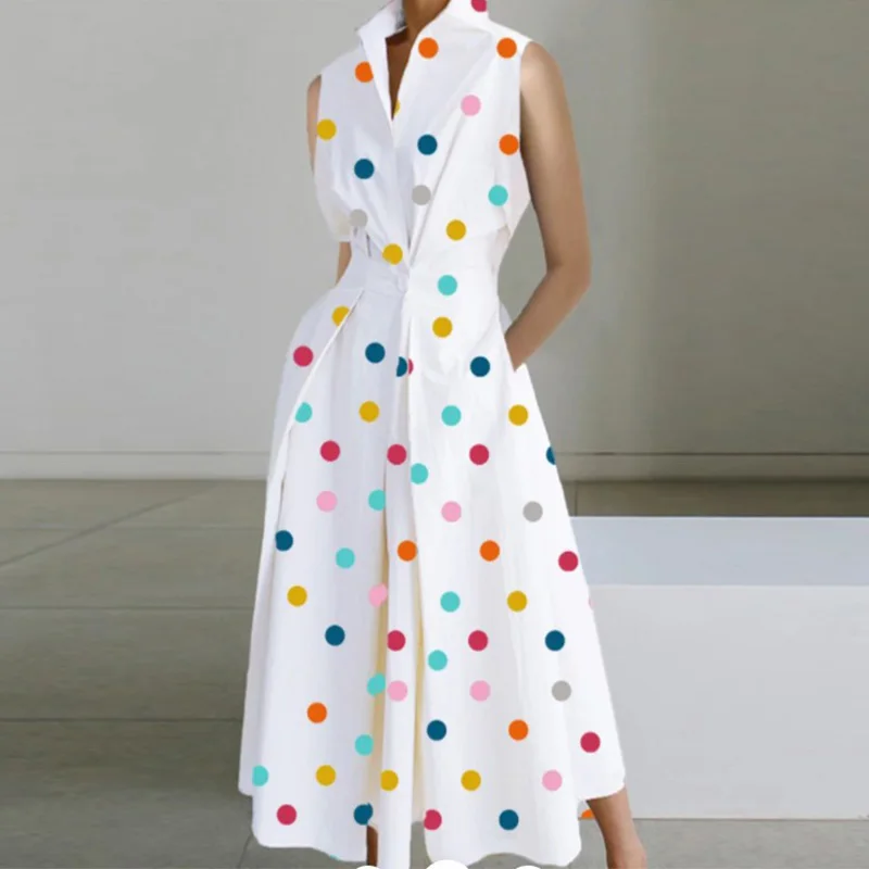 Women Fashion Stand Collar Draped Shirt Dress Summer Casual Sleeveless Pocket Party Dress Vintage Polka Dots Print Long Dresses
Women Fashion Stand Collar Draped Shirt Dress Summer Casual Sleeveless Pocket Party Dress Vintage Polka Dots Print Long Dresses
