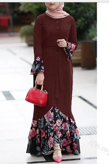 

European casual simple ethnic style stitching flower print design long sleeves button-embellished loose long dress