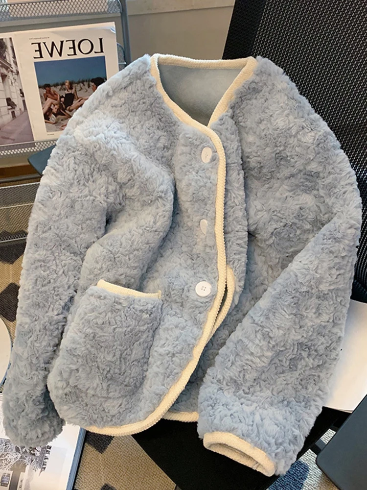 

Женская флисовая куртка на осень и зиму, плюшевое пальто, женская синяя модная верхняя одежда из искусственной овечьей шерсти, женское милое свободное теплое пальто
