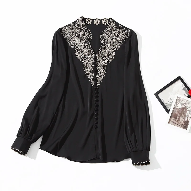 Birdsky, Women long sleeve shirts blouse shirt office lady top embroidery V neck 100% natural mulberry silk BLACK color, S-376
Birdsky, Women long sleeve shirts blouse shirt office lady top embroidery V neck 100% natural mulberry silk BLACK color, S-376