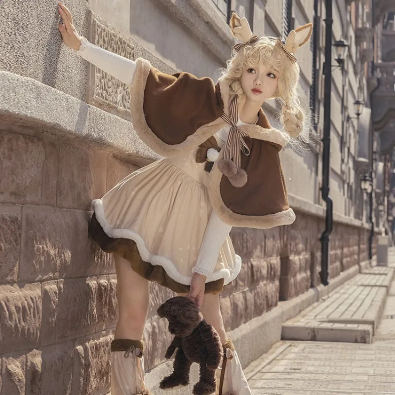 Осенне-зимний теплый шерстяной плащ в стиле Лолиты, комплект из плюшевого платья JSK, женское милое платье с цветочным принтом, Рождественская накидка с роговым оленем
Осенне-зимний теплый шерстяной плащ в стиле Лолиты, комплект из плюшевого платья JSK, женское милое платье с цветочным принтом, Рождественская накидка с роговым оленем