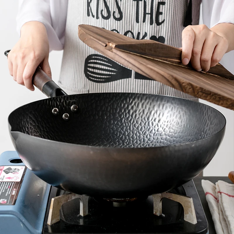 

Сковорода стальная с антипригарным основанием, набор для приготовления сковородок на 32 см, с углублением деревянной крышки, Индукционным размешиванием, для жарки, газовая кастрюля из углеродного волокна