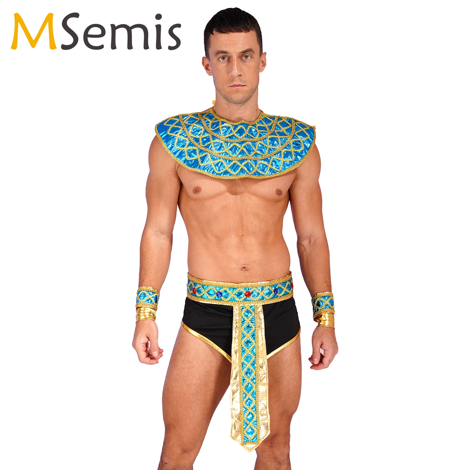 

Mens Ancient Rome Cosplay Costume Ancient Egypt Pharaoh Halloween Theme Party Role Play Outfit Skirt Cuffs Faux Collar Belt Set