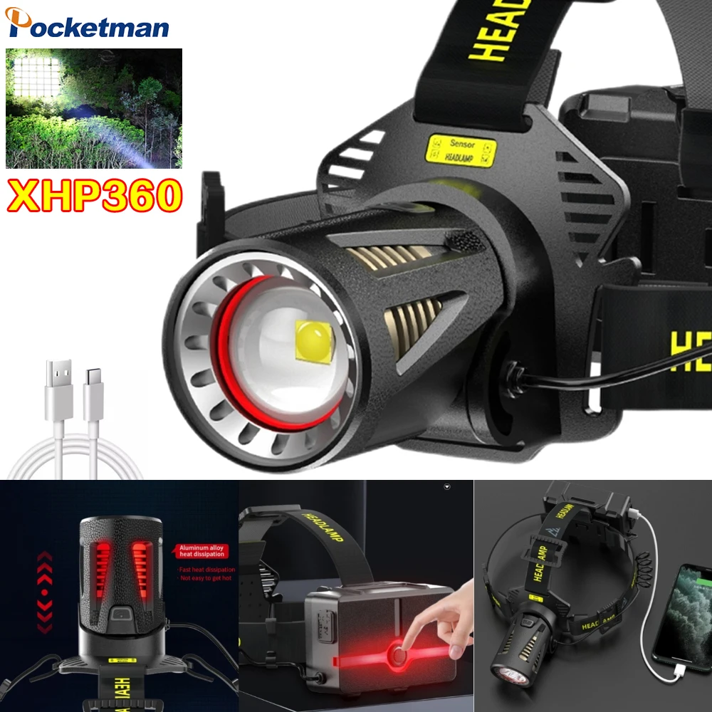 

XHP360 High Power Fishing Headlamp USB C Rechargeable Light Headlight Camping Hiking Led Flashlights Can Be Used As A Power Bank