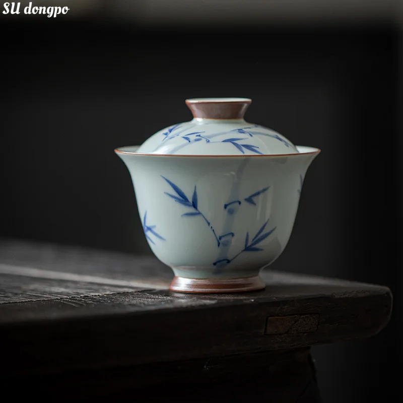 

Antique Ancient Cyan Bamboo Hand-painted Gaiwan Blue and White Porcelain Blue and White Chinese Tea Making Bowl