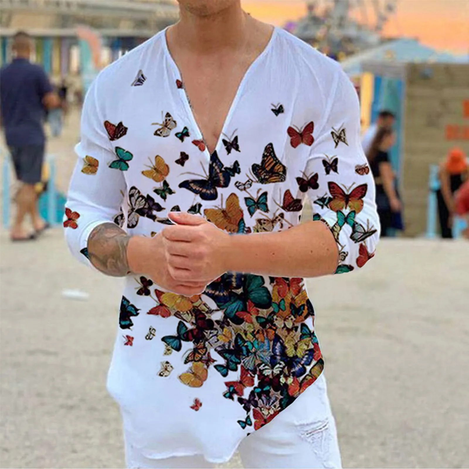 Summer Men's Fashion Shirts Casual Cotton Floral Printed Long Sleeve Shirts Loose V Collar Shirts Camisas De Hombre 
Summer Men's Fashion Shirts Casual Cotton Floral Printed Long Sleeve Shirts Loose V Collar Shirts Camisas De Hombre