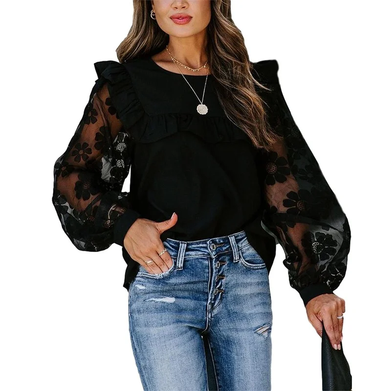 Fashion Mesh T-shirt Elegant O-Neck Mesh Ruffled Patchwork Long Sleeve Black Sexy Women's Ladies Transparent See-through Tops
Fashion Mesh T-shirt Elegant O-Neck Mesh Ruffled Patchwork Long Sleeve Black Sexy Women's Ladies Transparent See-through Tops