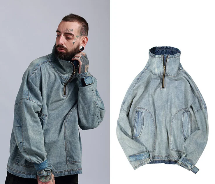 

New Men Fashion Jean Coats Turtleneck Oversize Loose Casual Coat Light Blue Vintage Jackets