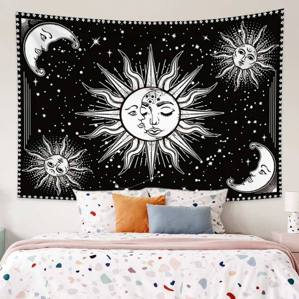 

Psychedelic Sun And Moon Star Tapestry Bohemia Aesthetic Wall Hanging Hippie Trippy Bedroom Living Room Dorm Decoration Blanket