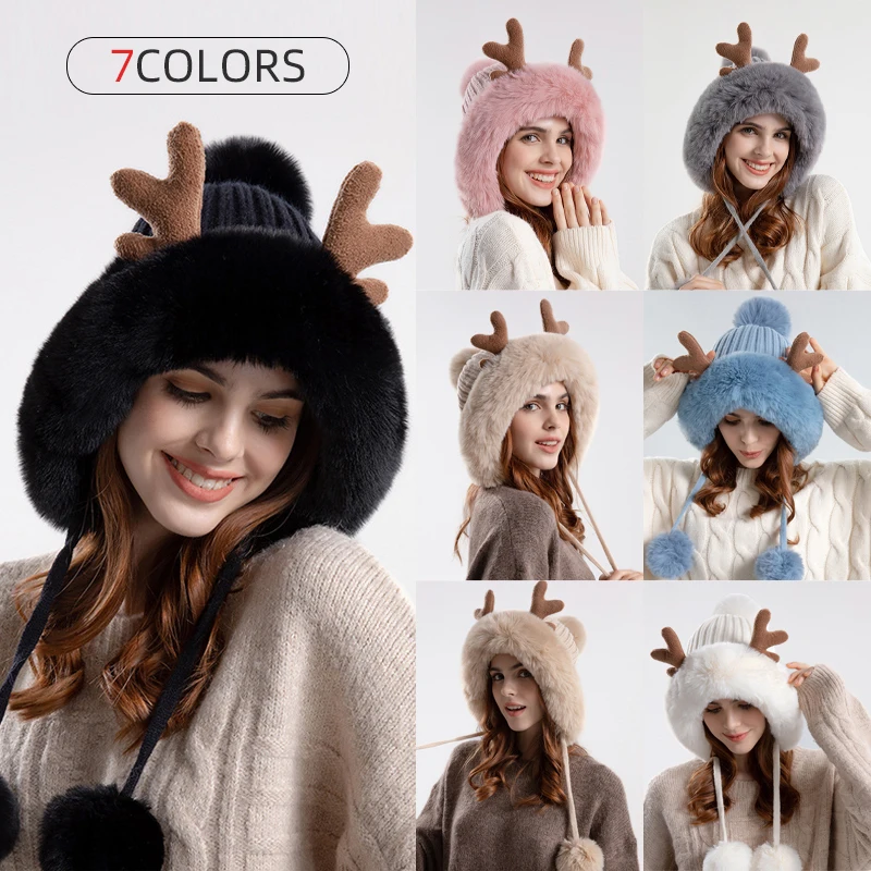 

Women Beanies Deer Christmas Antler Fur Pompom Knitted Bonnet Winter Thicken Plush Cap Female Windproof Christmas Gift