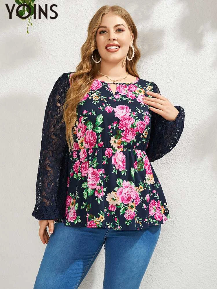 

YOINS 2023 Plus Size Women Blouses Autumn Lace Shirts Floral Print Fashion Long Sleeve Blusas Female Round Neck Splice Tunic 4XL